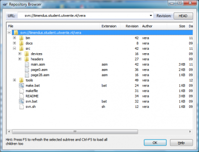 Screenshot of Vera's SVN repository on timendus.student.utwente.nl